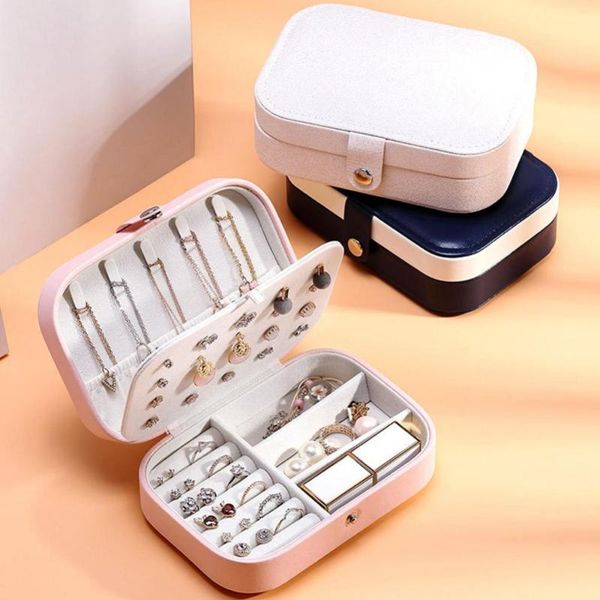 

jewelry pouches, bags double layer box faux leather storage for earring necklace ring packaging joyero organizador, Pink;blue