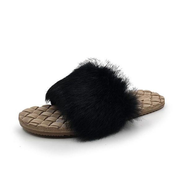 

slippers furry ladies 2021 women home winter warm flats indoor gingham fur, Black