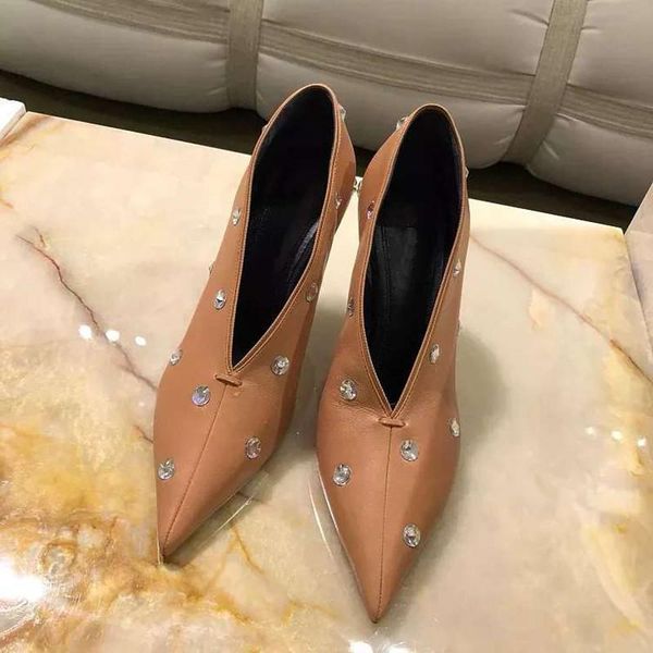 

dress shoes v mouth slip on women casual office lady 2021 spring crystal pumps party woman pointed toe spike high heels, Black