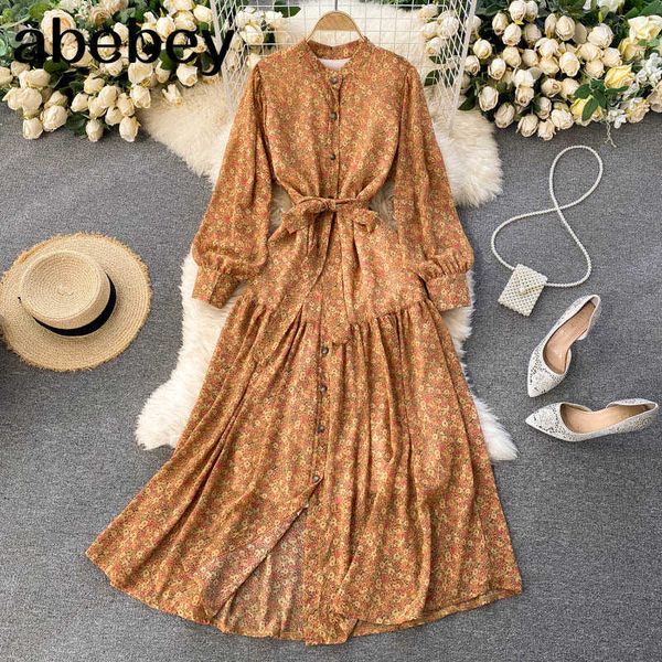 

women french retro floral dress o neck puff sleeve single breasted a-line dress spring chic bohemian print long dress 210715, Black;gray
