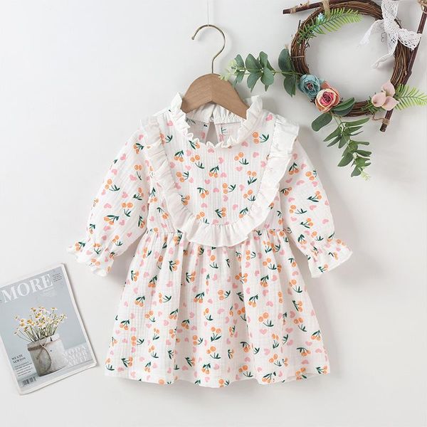 

girl's dresses winter 2021 girls dress cute cotton long sleeve print cherry ruffles preepy look vestidos 18m-6t, Red;yellow