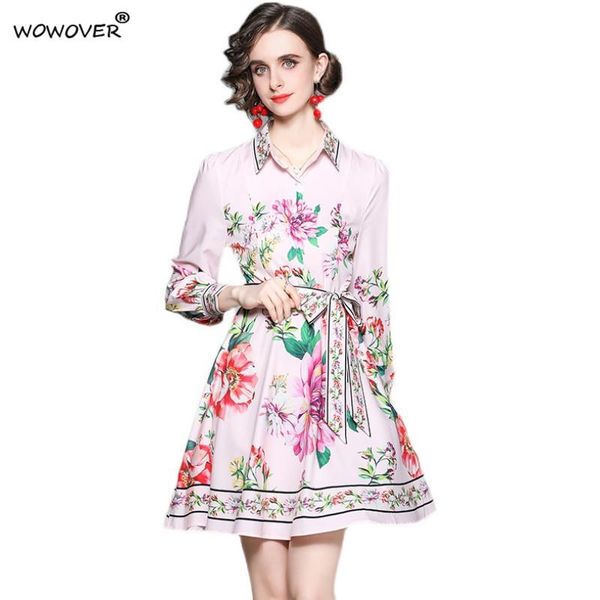 

casual dresses fashion spring autumn runway designer full sleeve sashes single breasted floral shirt for women sweet pink robe femme, Black;gray