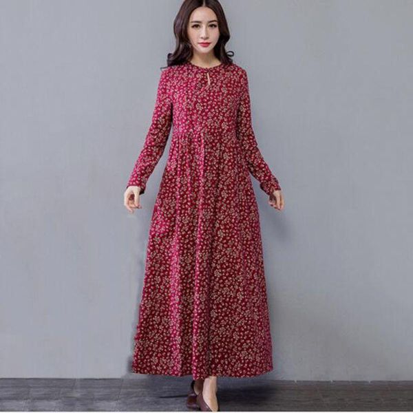 

casual dresses women national wind vintage retro print floral draped cotton linen autumn 2021 female plus size elegant loose long dress, Black;gray