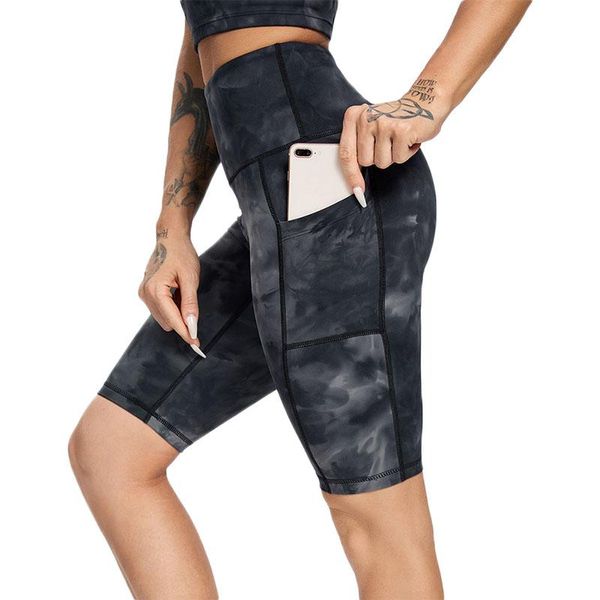

yoga outfit tie dye sport shorts with pockets high waisted workout women plain soft fitness black gym short leggings