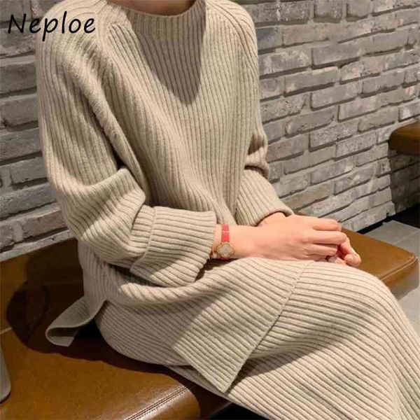 

suit all-match o-neck loose split sweater female + soft knitted autumn winter wide-leg pants two-piece set 210422, White