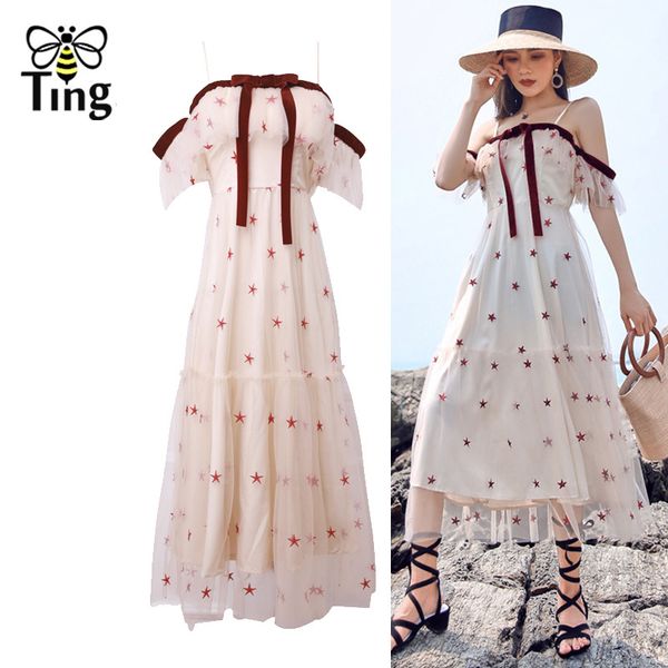 

design women summer dress vintage casual party robe longue femme slash neck stars embroidery tunic 210513, Black;gray