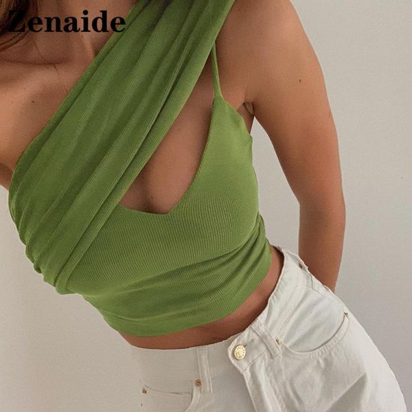 

women's tanks & camis zenaide 2021 summer ribbed sleeveless crop one shoulder backless women tank club green fashion causal ca, White