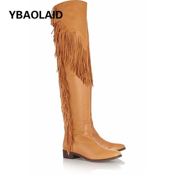 

boots pure color tassel elastic belt buckle flat over the knee 2021 autumn and winter round toe thick low heel high, Black