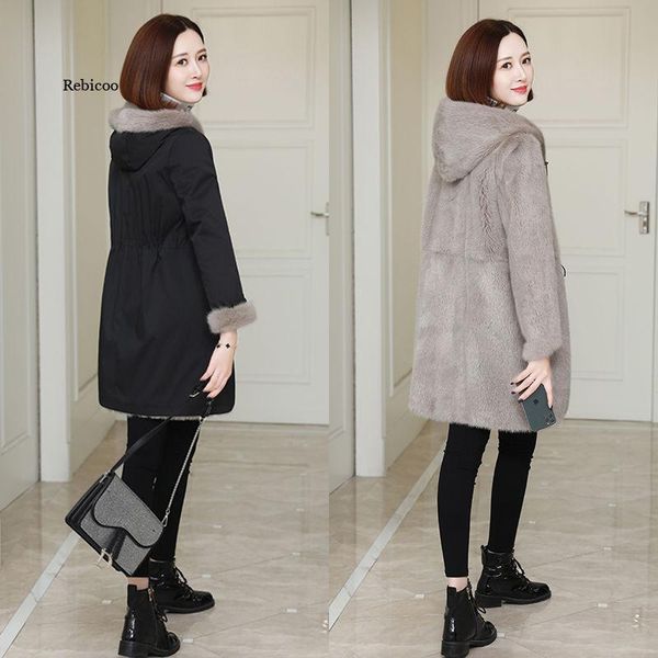 

women's fur & faux overcoming mid-length double-sided imitation mink coat, Black