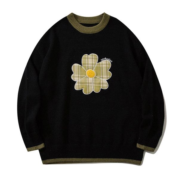 

men's sweaters camisola de malha masculina harajuku contraste cor flor o-pescoÃ§o pulÃ´ver coreano estilo faculdade malhas soltas casual, White;black