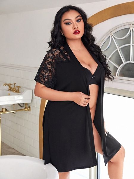 

plus contrast lace belted sleep robe without lingerie 49yt#, Black;white