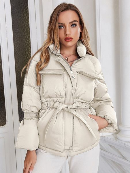 

ziai flap pocket raglan sleeve belted zipper puffer coat f0ra#, Black
