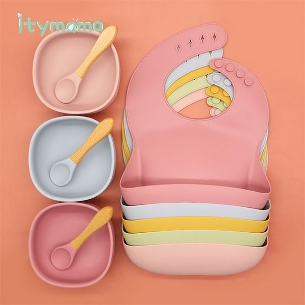

baby silicone bowl tableware bpa waterproof bib saliva towel solid color sucker spoon for children feeding bibs 211102