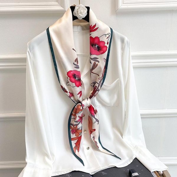 

scarves women luxury quality flower printing long neck tie scarf fashion elegant handle tied bag silk scarfs lady handkerchief, Blue;gray