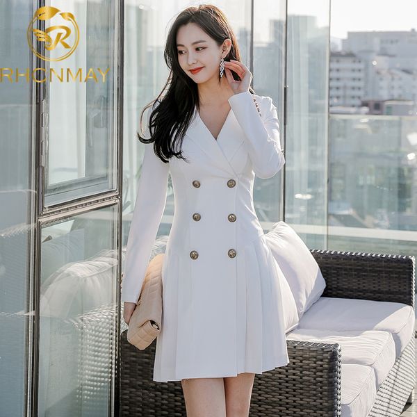 

2021 autumn and winter new korean style office ladies lapel pleated skirt work business mid-length double-breasted women dressswimwear bathi, Black;gray