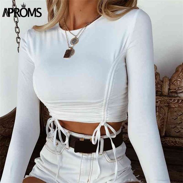 

aproms white long sleeve crop autumn casual drawstring ruched t-shirt female cropped tshirt for women clothing 210401