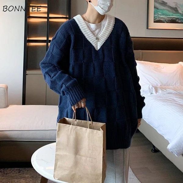 

men's sweaters v-neck pullovers men patchwork loose knitwear preppy style fashion japanese soft large size s-3xl teenagers all-match, White;black