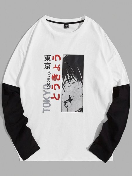 

men colorblock japanese letter & figure graphic tee r8sl#, White;black