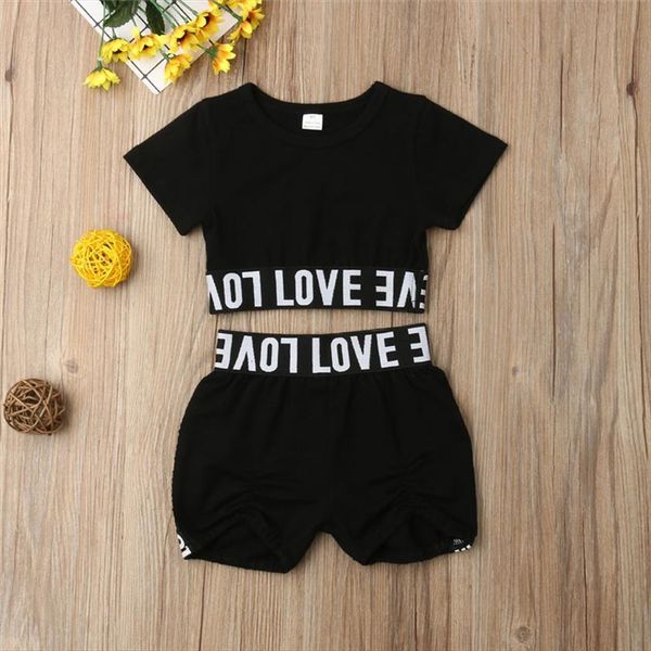 

girl kid child black clothing sets short sleeve letter crop t shirt shorts clothes summer casual sunsuit outfit, White