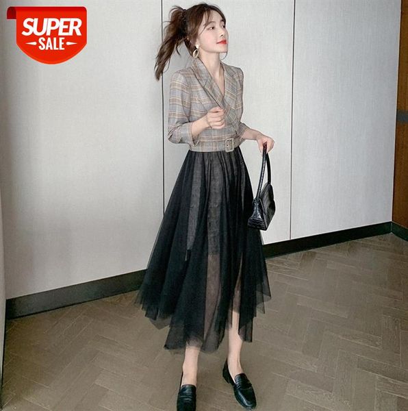 

[nuts] british style retro mesh stitching skirt, ladies fashion plaid dress #us0n, Black;gray