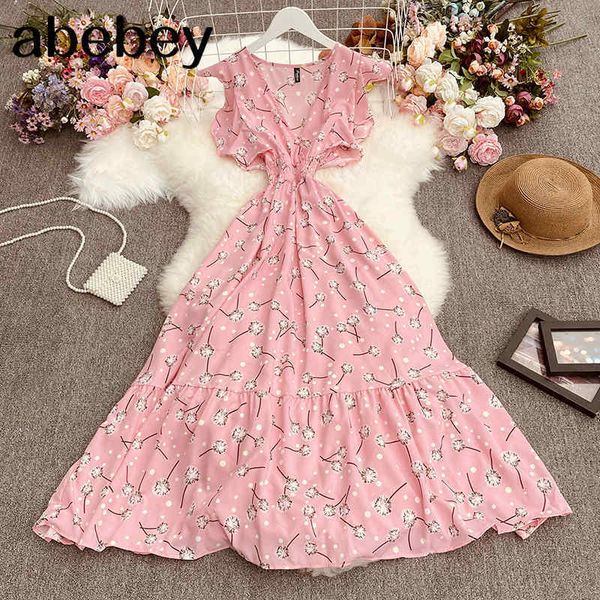 

summer women temperament all-match v-neck floral dress waist slim ruffle big skirt 210512, Black;gray