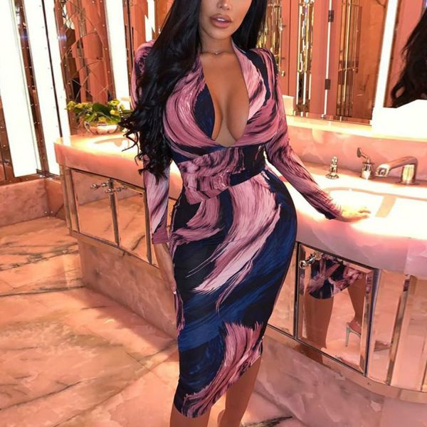 

casual dresses ingoo spring long sleeve print bodycon women dress party elegant v-neck high waist colorful purple mid-calf bandage, Black;gray