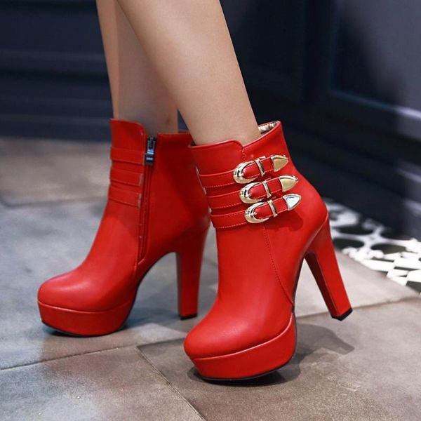 

boots 2021 autumn and winter women's booties zipper metal buckle ankle waterproof platform stiletto large size wedding shoes, Black