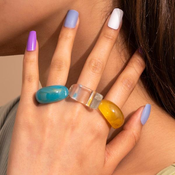 

wedding rings 2021 korean colourful transparent resin acrylic geometric square round for women girls party y2k jewelry travel gifts, Slivery;golden