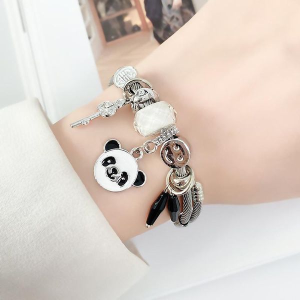 

bangle classic design adjustable stainless steel pendant bead bracelet silver color bear charm jewelry pulsera mujer, Black