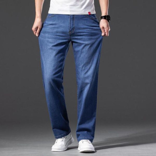 

men's jeans straight cut summer loose pants light blue leg vintage large denim trousers