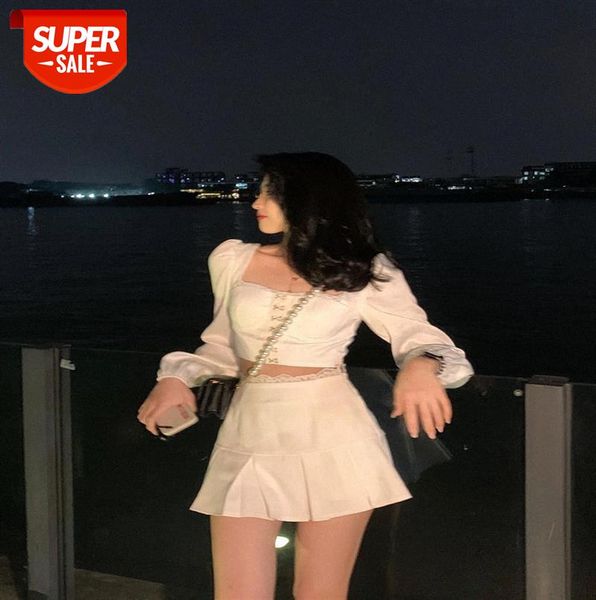 

suit year women's french retro short square collar temperament pleated skirt two-piece set #sm1z, Black;gray