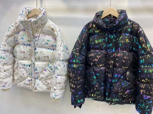 

autumn and winter down jacket women's short white duck warm thickened bread colorful letters, Black