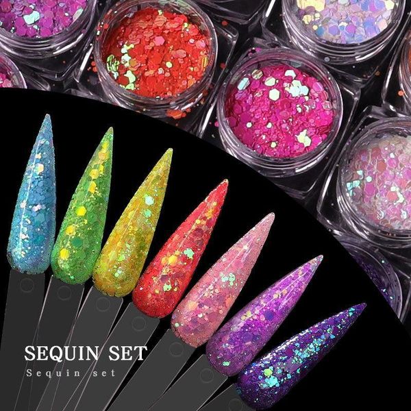 

12boxes/set mermaid illusory hexagon nail mixed glitter sequins 2mm-4mm ultra-thin pet dazzling diy art flakes mt761, Silver;gold