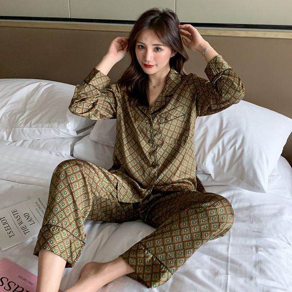 

new satin nightwear casual lady 2pcs shirt&pants pajamas set silky print pijamas sleep suit loose intimate lingerie, Black;red