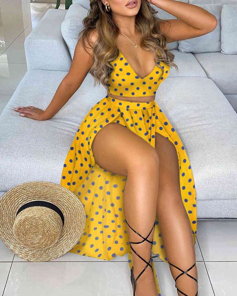 

summer women 2 pcs crop & maxi skirt set new femme v-neck skinny vest & polkadot print high slit dress suits 210415, White