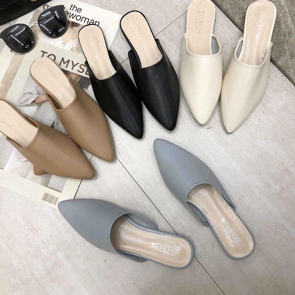 

slippers women flat shoes summer sandals fashion mules for ladies pu leather pointed toe slip on flip flops women's female slipper, Black