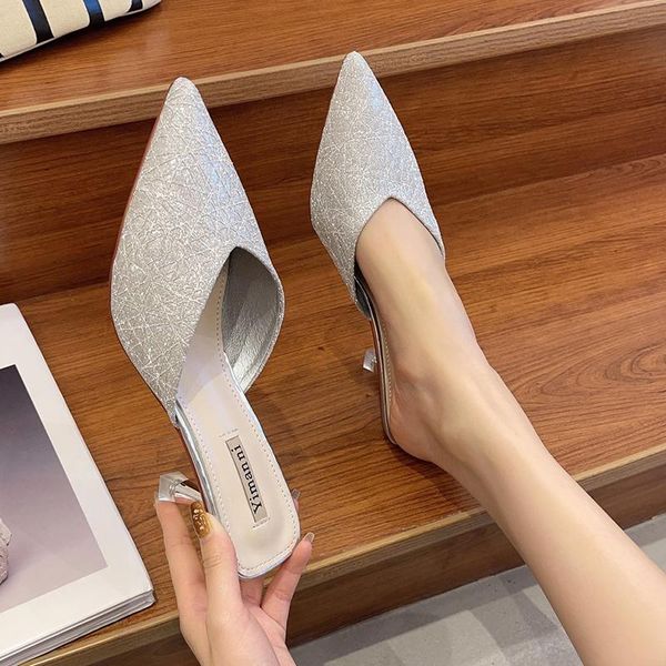 

shoes slippers women summer loafers cover toe luxury slides pantofle female mule thin heels shallow med designer 2021 pointed, Black