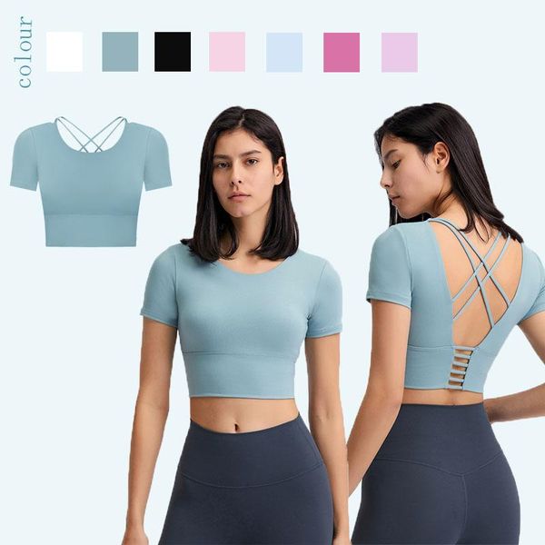 

short paragraph yoga t-shirt with chest pad female fashion hollow beauty back outdoor leisure sports sleeves open outfit