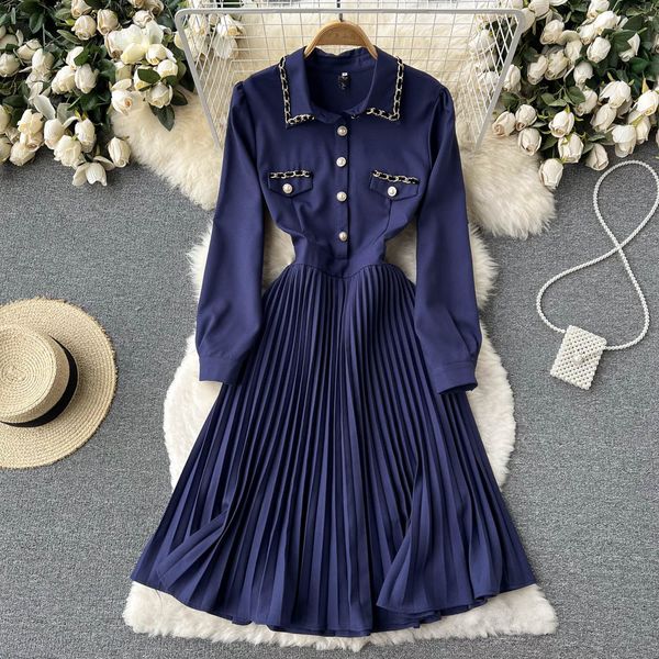 

new casual spring autumn solid slim button lady full dress a line polo collar chiffon single breasted women dresses 2022, Black;gray