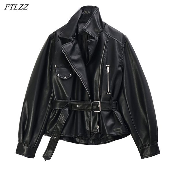 

spring autumn women faux soft leather short jacket motorcycle zipper black pu punk coat rivet street overcoat with belt 210430