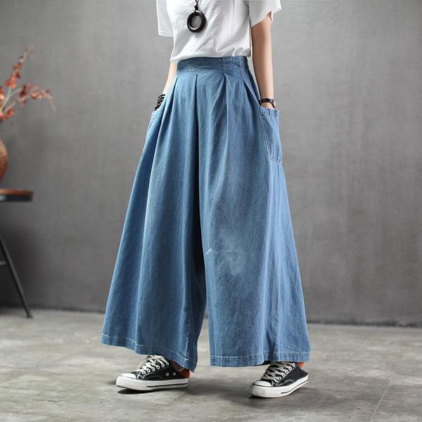 

women's jeans national style plus size woman 2021 spring autumn retro solid washed pocket loose wide leg pants casual, Blue