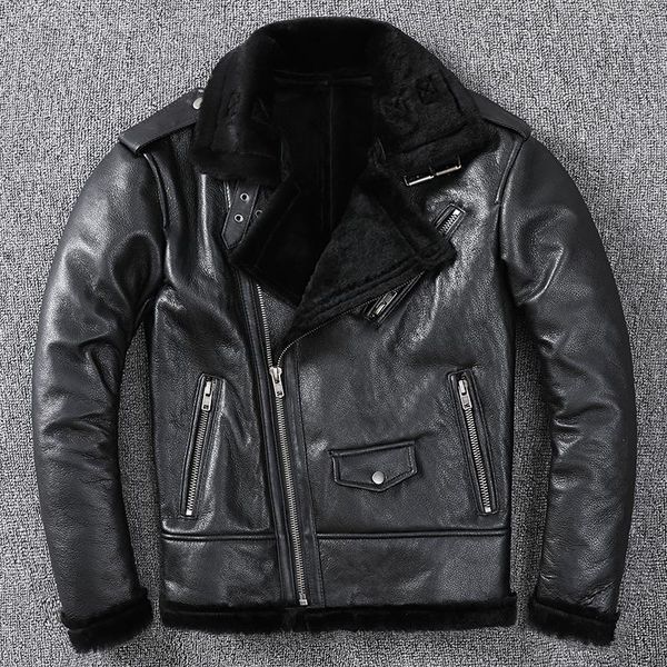 

men's leather & faux winter genuine jacket casual men real sheepskin coat short warm jackets motorcycle veste homme sqq1035, Black