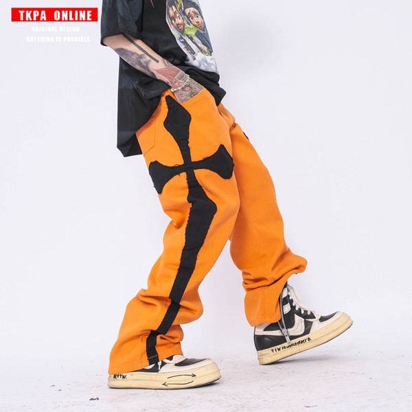 

crosin tkpa harajuku high street jeans cross embroidery contrast color straight men's and women's korean mourning wid, Black