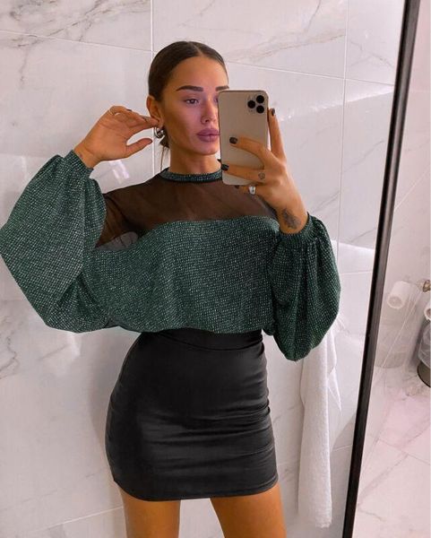 

fashion women shirts glitter mesh lantern sleeve blouse lady female loose o-neck stitching blusa feminina women's blouses &, White