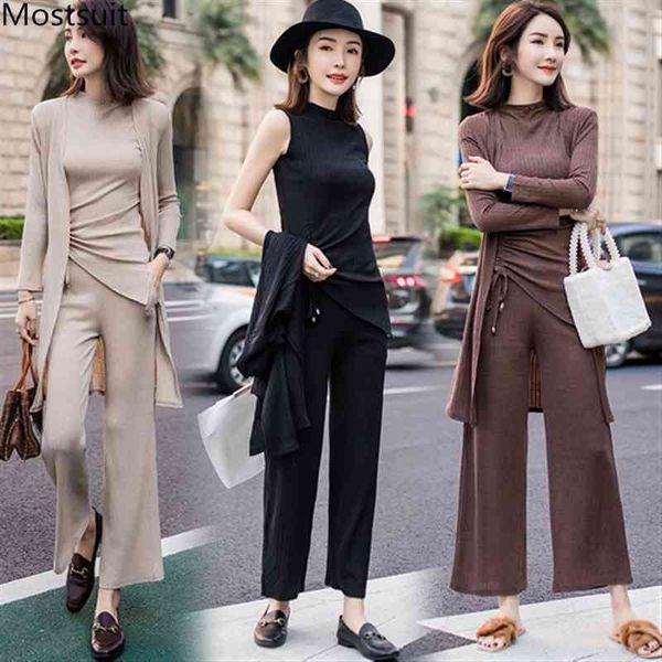 

three piece set women plus size -5xl spring autumn knit suits long cardigan coat vest pullover and wide leg pants 210518, White