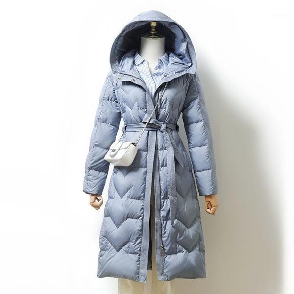 

women's down & parkas long jacket women hooded korean slim belt duck 2021, Black