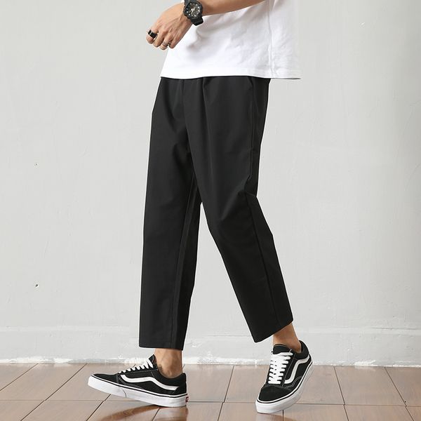 

men casual pants solid elastic waist drawstring harem pant mens autumn ankle-length fashion all-match harajuku chic loose soft, Black