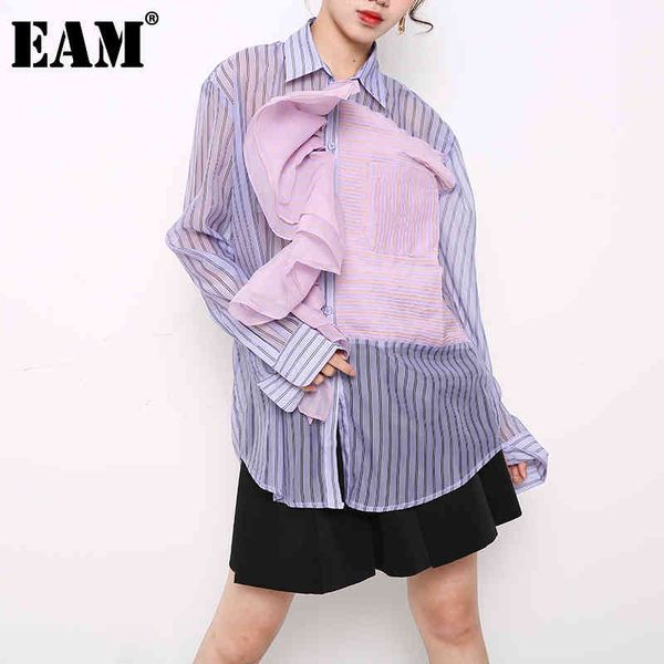 

[eam] women purple striped ruffles big size blouse lapel long sleeve loose fit shirt fashion spring autumn 1da83314 21512, White