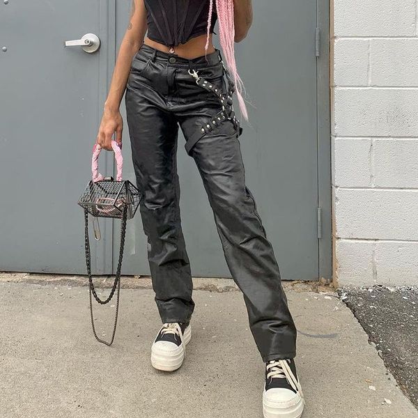 

women's pants & capris trendy dark style metal accessories low waist leather autumn temperament straight black, Black;white