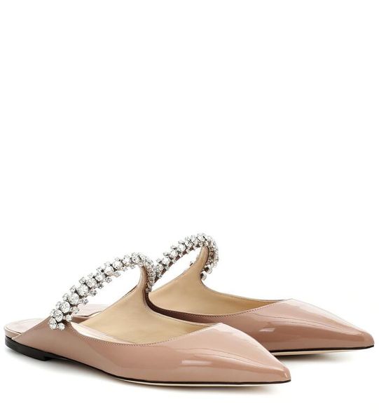 

romantic wedding bing patent leather slippers sandals pointy pumps with crystal strap designer flat heels dress sho size 34 to 43, Black